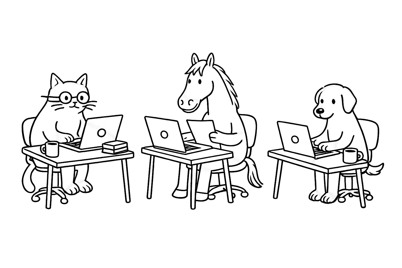Strektegning av en katt, en hest og en hund som leser studier på hver sin laptop
